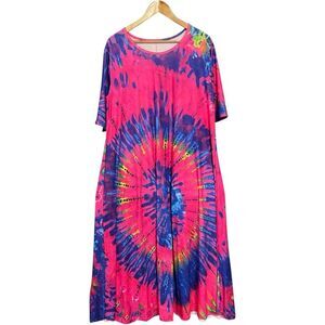 Vibrant Pink Tie-Dye  Short Sleeve Dress